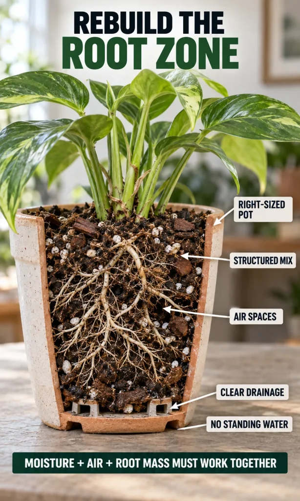 Cutaway pot showing improved root environment with appropriate mix, pot size, drainage and air spaces
