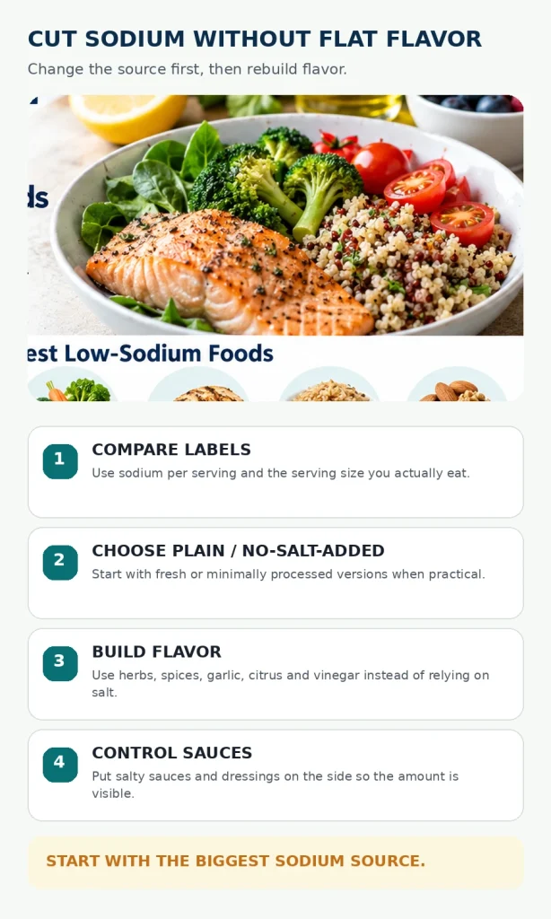 Four-step process for reducing sodium by comparing labels, choosing plain foods, building flavor with herbs and controlling sauces.