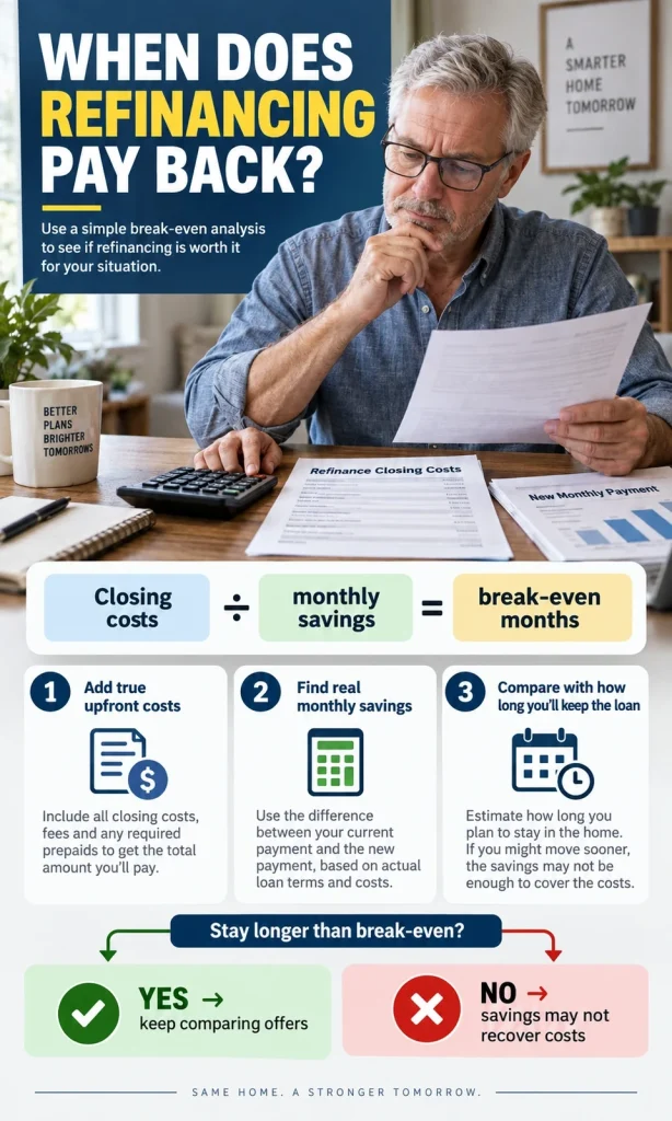 Homeowner using a calculator beside refinance documents with a three-step break-even formula comparing closing costs, monthly savings and expected time keeping the loan.
