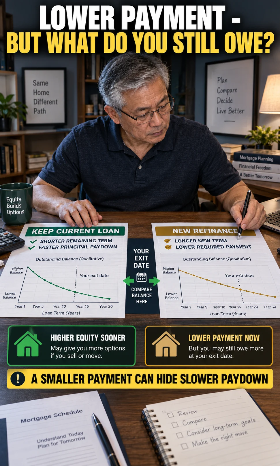 Homeowner comparing a current mortgage with a refinance that lowers the monthly payment but may leave a larger loan balance at the planned exit date.