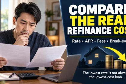 Homeowner comparing two mortgage offers beside a graphic explaining that refinance cost should be judged using rate, APR, fees and break-even timing.