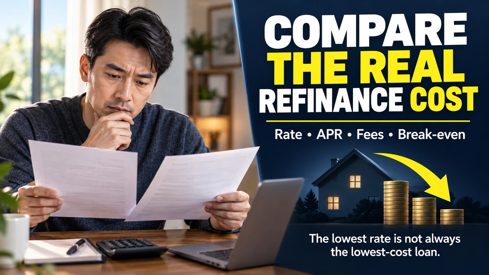 Homeowner comparing two mortgage offers beside a graphic explaining that refinance cost should be judged using rate, APR, fees and break-even timing.