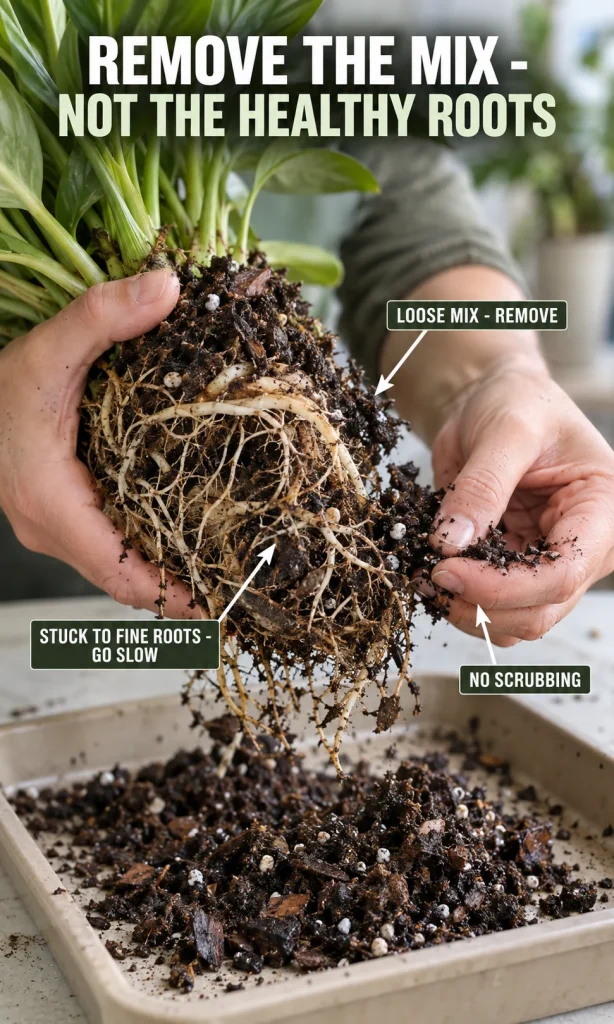 Fingers gently teasing loose potting mix away from houseplant roots without scrubbing them bare