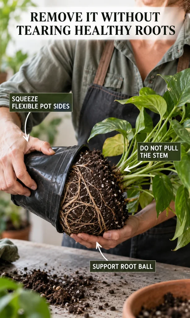 Hands carefully removing a root-damaged houseplant from a nursery pot without pulling the stems
