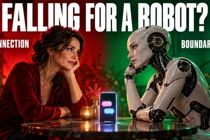 Woman considering a conversation with a humanoid robot across a table.