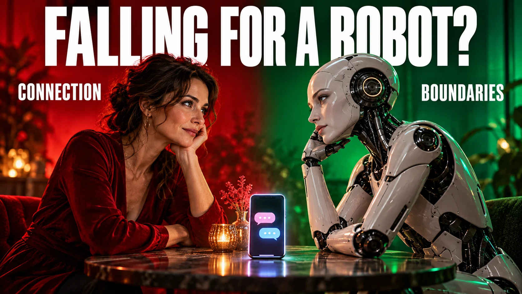 Woman considering a conversation with a humanoid robot across a table.