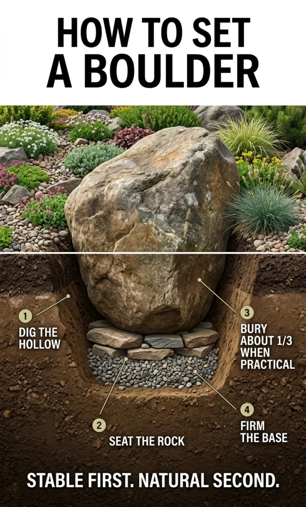 Cross-section showing a large rock seated in a hollow, partly buried and supported by compacted material.