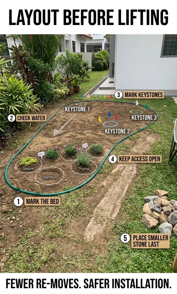 Rock garden preparation sequence showing site outline, drainage direction, keystone positions, planting pockets and final secondary stones.