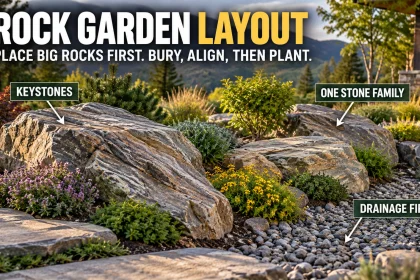 Naturalistic rock garden with large keystone boulders partly buried, aligned in one geological direction, with gravel and planting pockets.