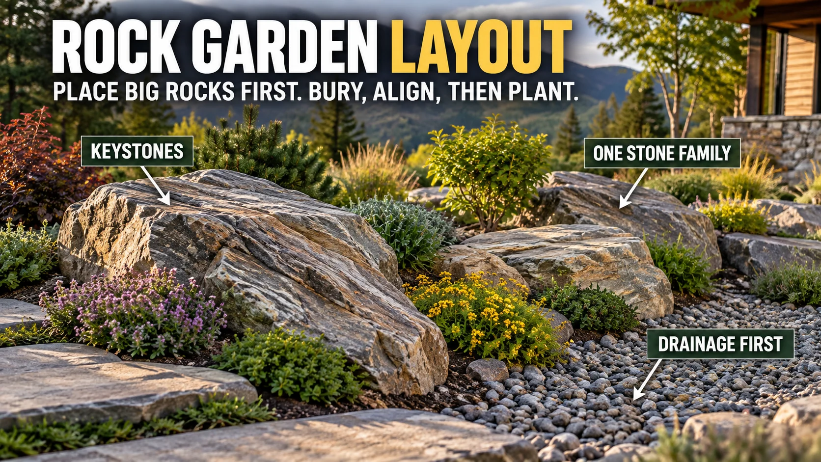 Naturalistic rock garden with large keystone boulders partly buried, aligned in one geological direction, with gravel and planting pockets.