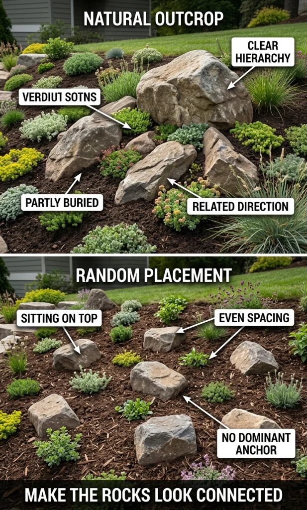 Comparison of a natural rock outcrop layout with partly buried aligned boulders versus evenly scattered surface rocks.