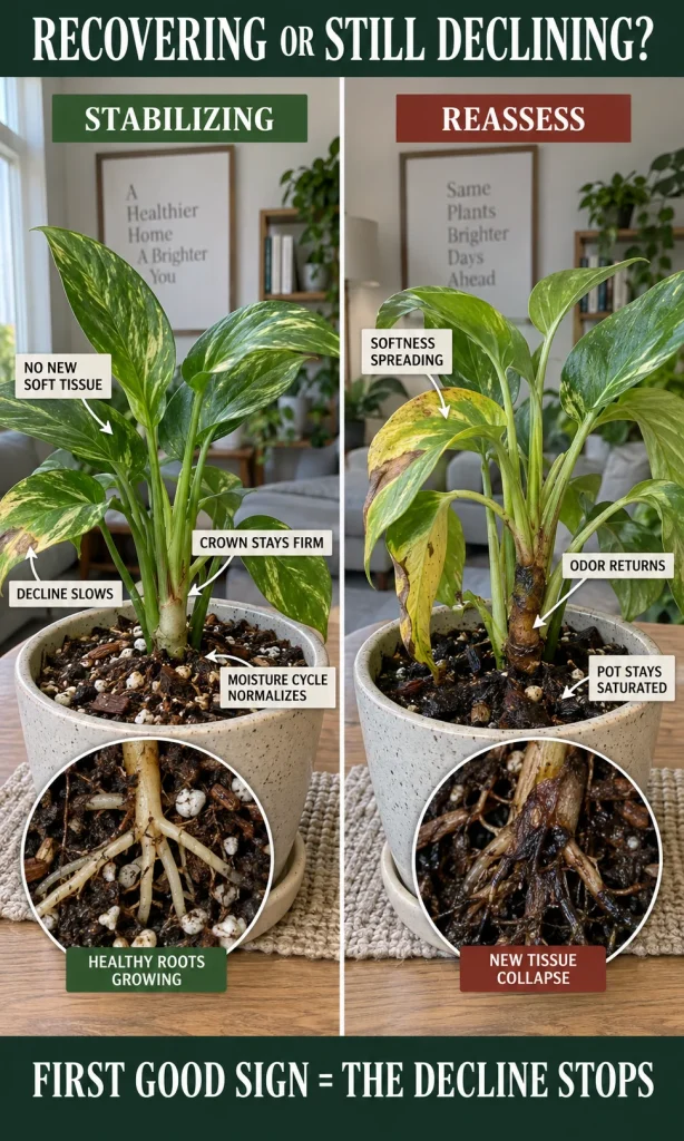 Root rot recovery comparison showing stabilization signs and warning signs after repotting