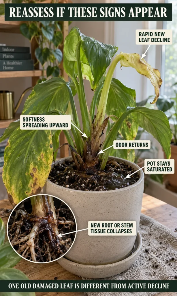 Diagnostic image showing warning signs that a root rot rescue is failing