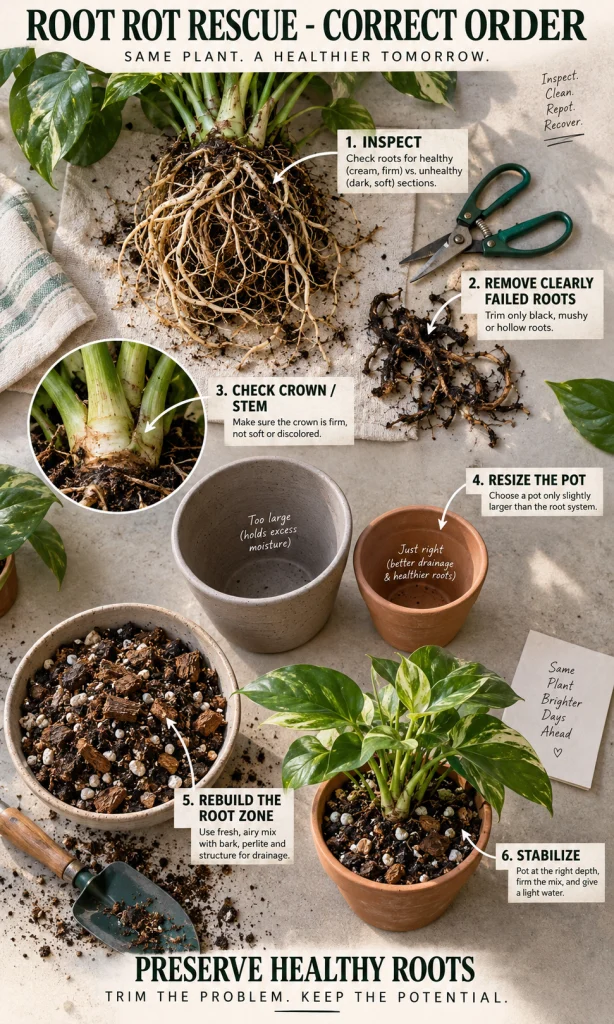 Step-by-step root rot rescue showing inspection, pruning, pot sizing, repotting, and stabilization