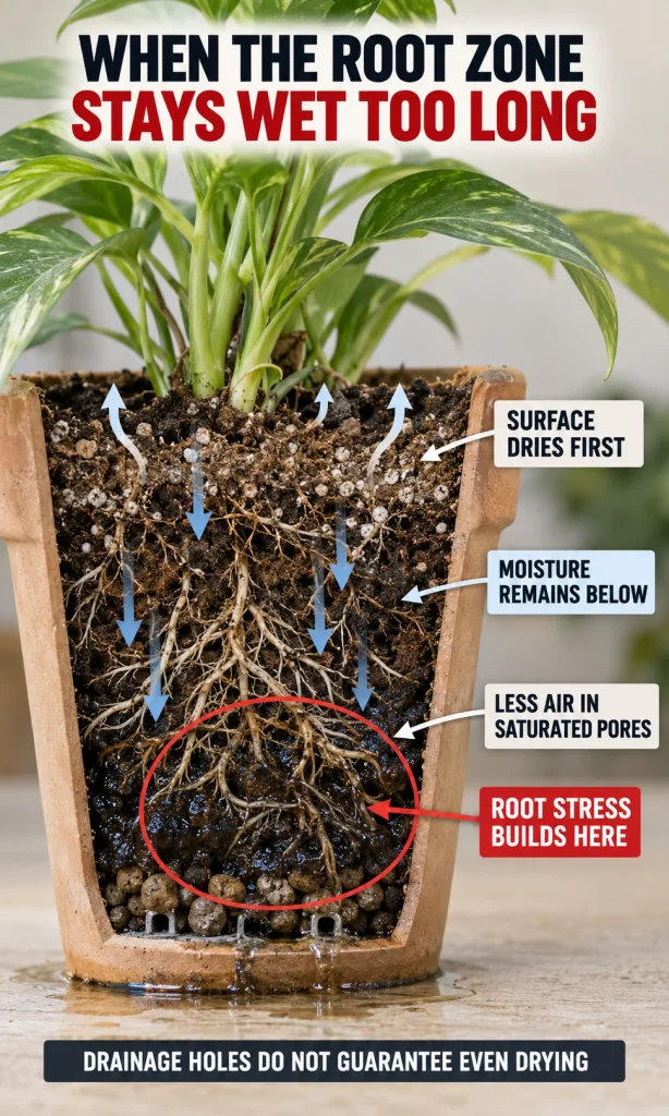 Cutaway pot showing how prolonged moisture reduces air around roots and contributes to root decline