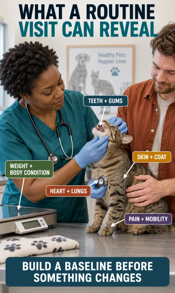 Veterinarian examining a cat with callouts for teeth and gums, weight and body condition, heart and lungs, skin and coat, and pain and mobility