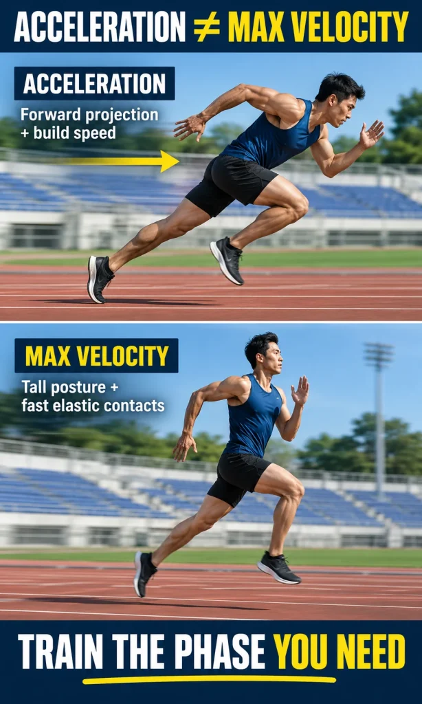 Two running phases compared vertically: an athlete leaning and driving during acceleration, then running tall during maximum velocity.