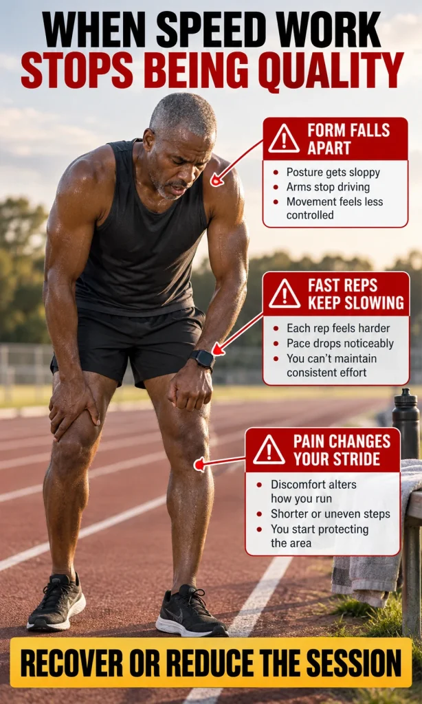 Tired middle-aged runner on a track beside warning callouts for collapsing form, slowing repetitions and pain changing the stride.