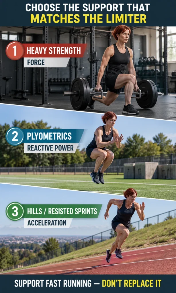 Female athlete shown in three training scenes: heavy strength for force, plyometrics for reactive power, and hill sprinting for acceleration.