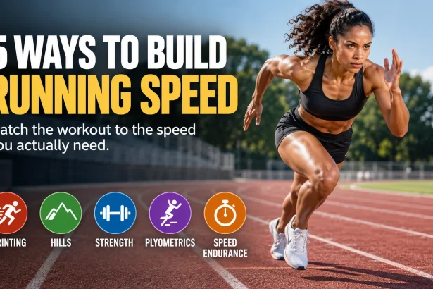 Female sprinter accelerating on an outdoor track beside five labeled speed-training methods: sprinting, hills, strength, plyometrics and speed endurance.