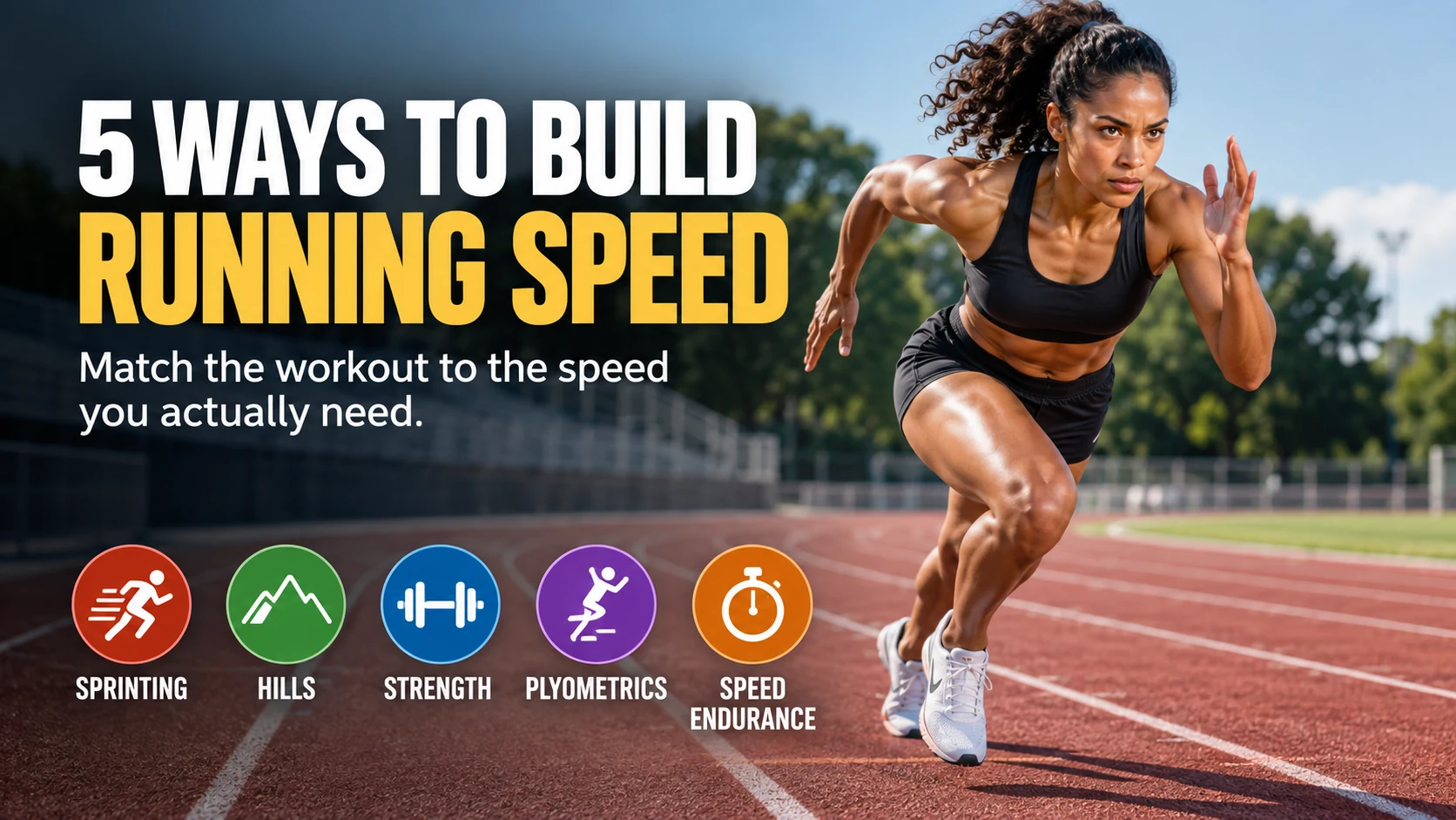 Female sprinter accelerating on an outdoor track beside five labeled speed-training methods: sprinting, hills, strength, plyometrics and speed endurance.