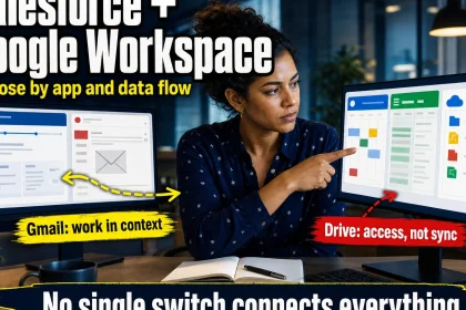 A Salesforce administrator compares Gmail, Google Drive, Calendar and Sheets connection options while deciding how Salesforce data should move between platforms.