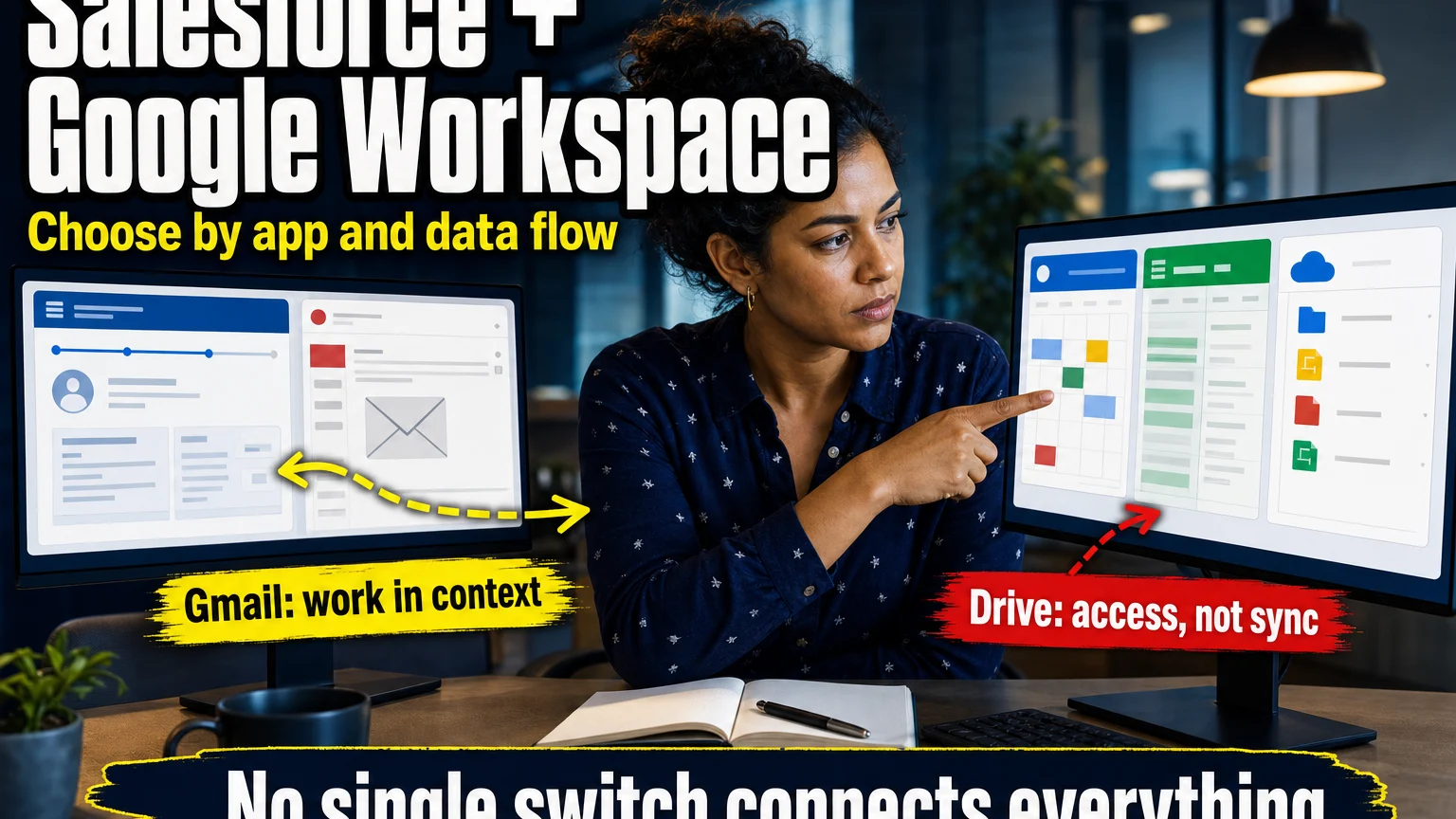 A Salesforce administrator compares Gmail, Google Drive, Calendar and Sheets connection options while deciding how Salesforce data should move between platforms.