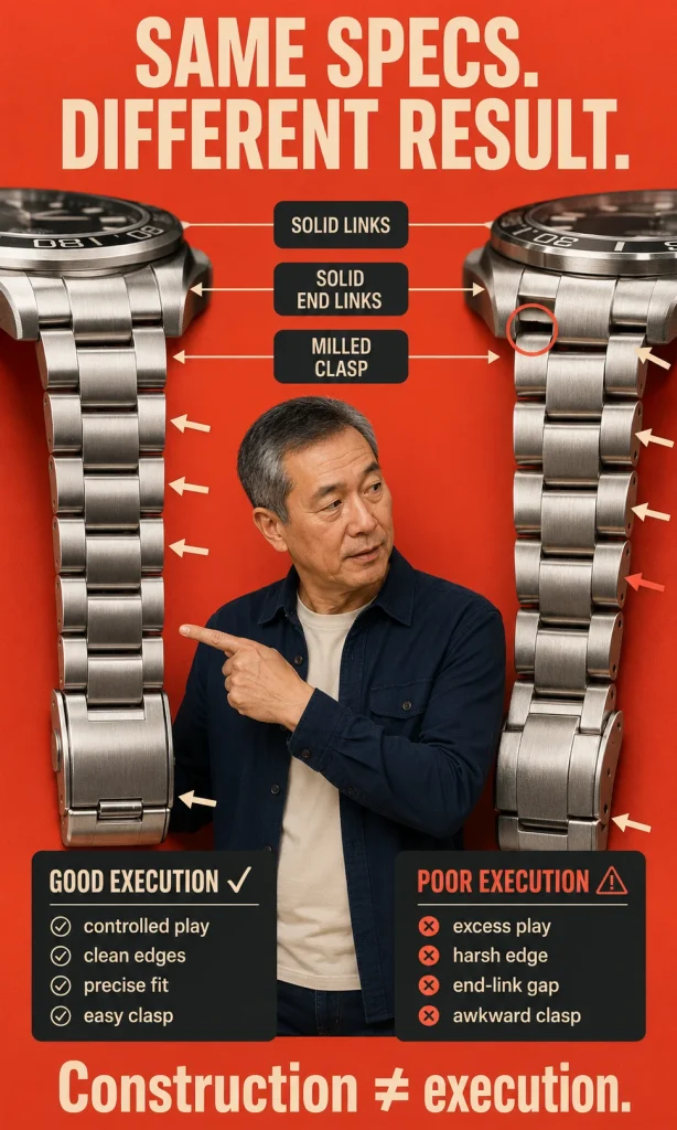 Side-by-side watch bracelets with similar solid-link and milled-clasp specifications but different end-link fit, articulation and finishing quality.