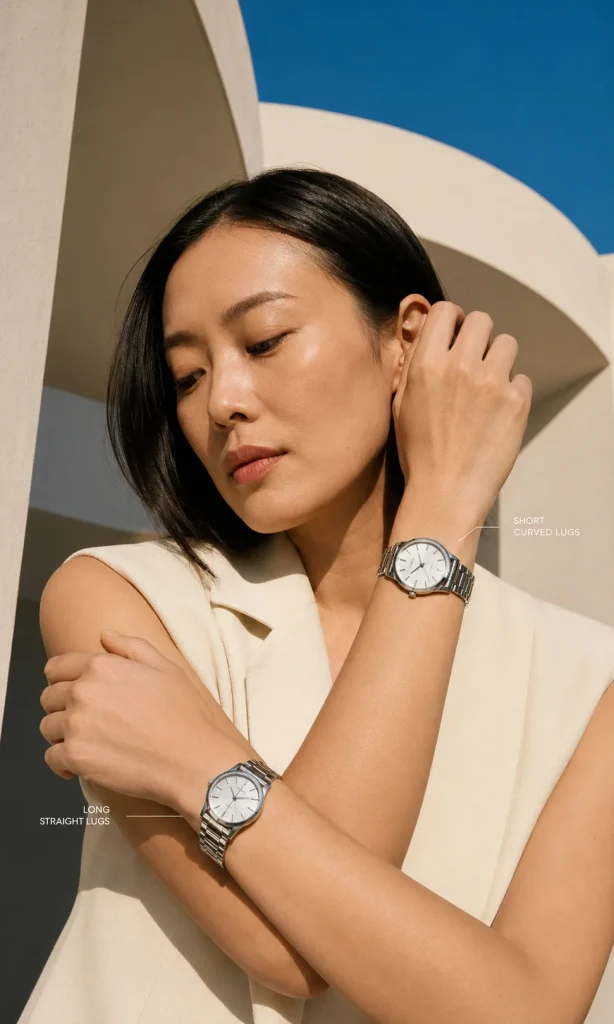 Woman comparing two watches with similar case diameter but different lug-to-lug fit