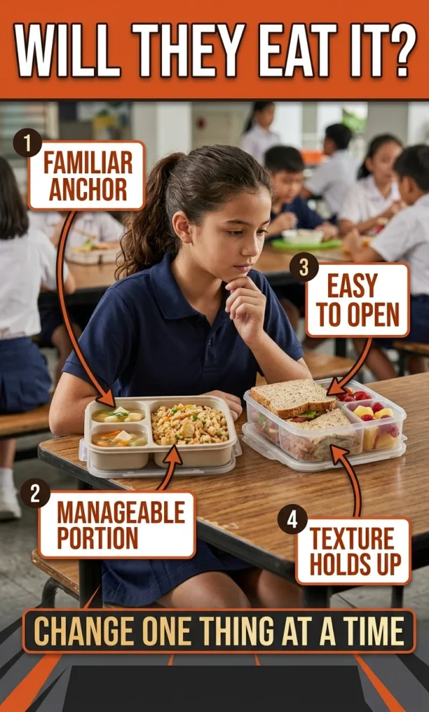 Child-friendly lunch decision image showing familiar food, manageable portion, easy-open container and texture checks.