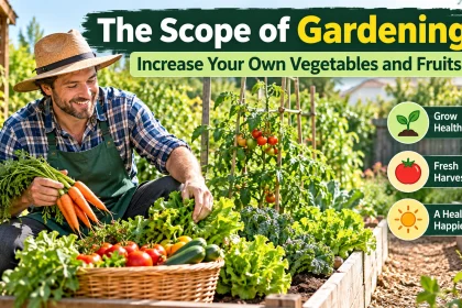 Gardener harvesting ripe tomatoes beside raised vegetable beds and a crate filled with carrots, lettuce, zucchini and other homegrown produce.