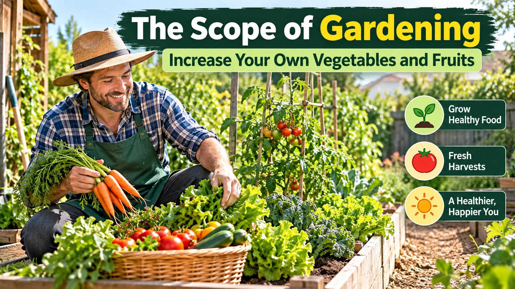 Gardener harvesting ripe tomatoes beside raised vegetable beds and a crate filled with carrots, lettuce, zucchini and other homegrown produce.