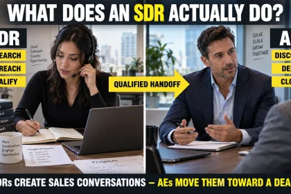 Sales development representative researching and qualifying prospects before handing a qualified lead to an account executive.