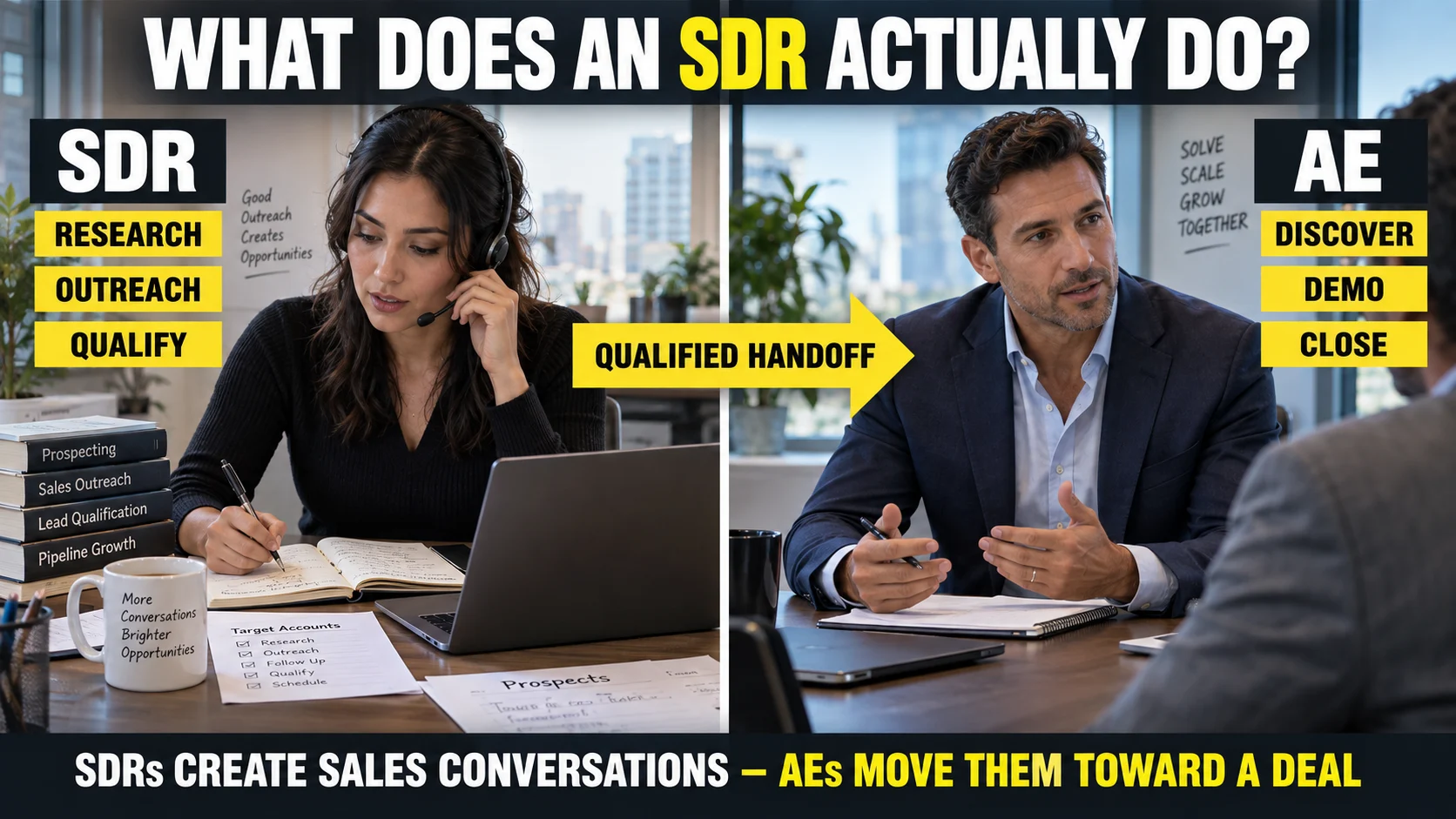 Sales development representative researching and qualifying prospects before handing a qualified lead to an account executive.