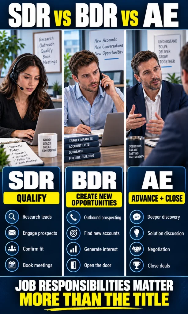 Comparison of SDR, BDR and account executive responsibilities across qualification, new opportunity creation and closing.
