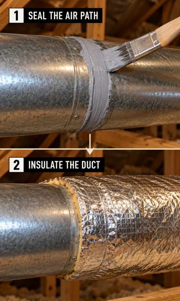 Two stages of a metal AC duct repair, with mastic sealing the joint before foil-faced insulation is wrapped over it.