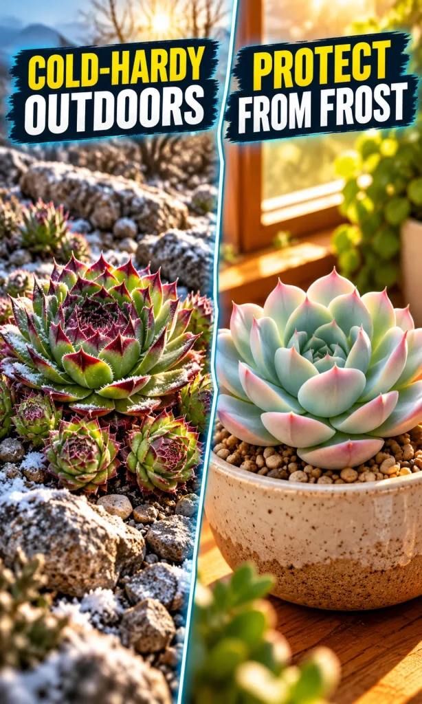 Sempervivum rosettes in a sunny outdoor rock bed beside an echeveria in a protected bright pot