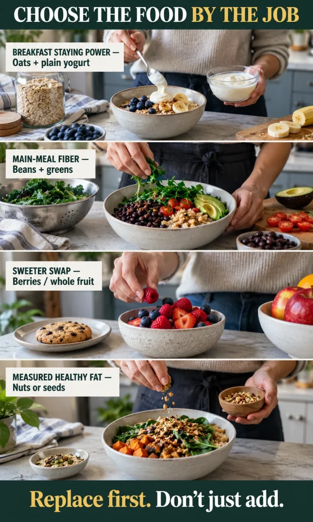 Four meal-role panels compare oats and yogurt for breakfast, beans and greens for main meals, berries for sweet snacks, and nuts or seeds as a measured topping.