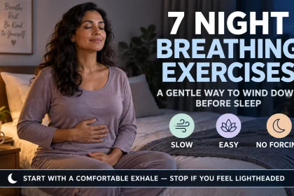Woman practicing gentle bedtime breathing beside the headline 7 Night Breathing Exercises