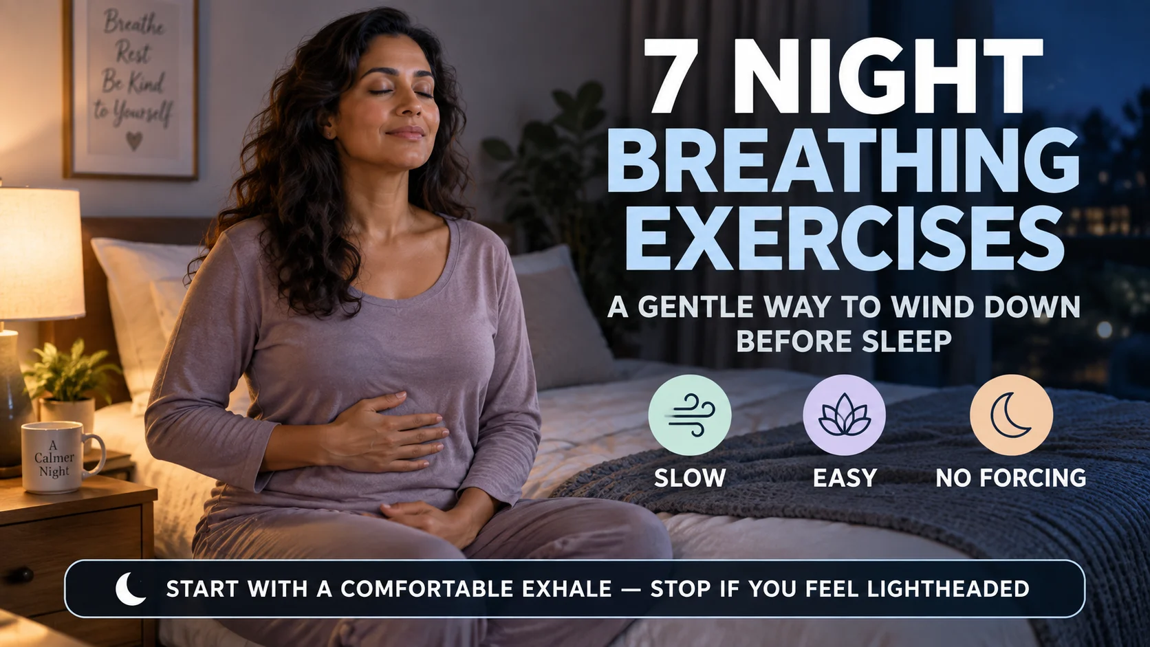 Woman practicing gentle bedtime breathing beside the headline 7 Night Breathing Exercises