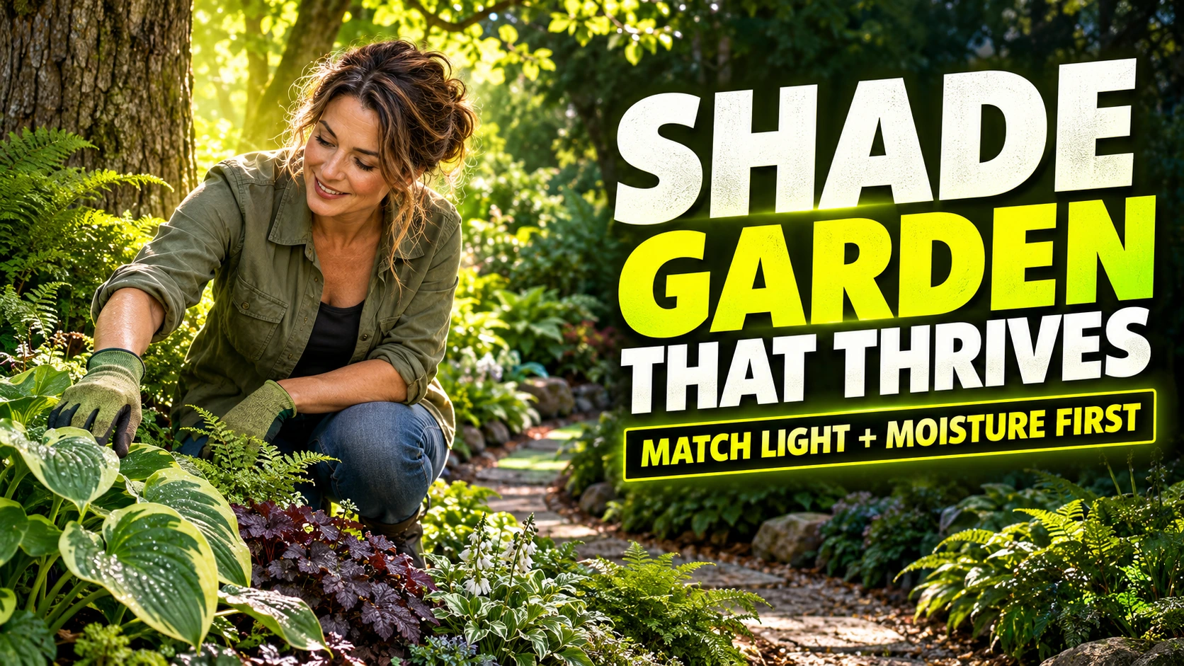 Gardener tending a lush shaded border with the message to match light and moisture before planting