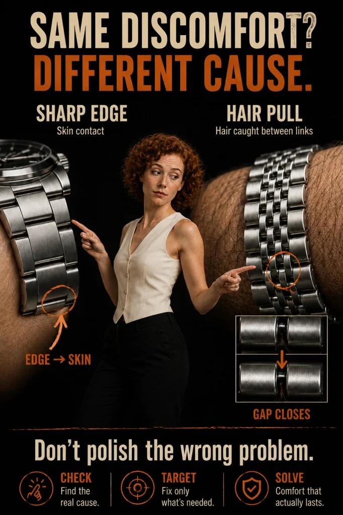 Side-by-side watch bracelet comparison showing a sharp outer edge scraping skin versus smooth links pinching arm hair between moving gaps.