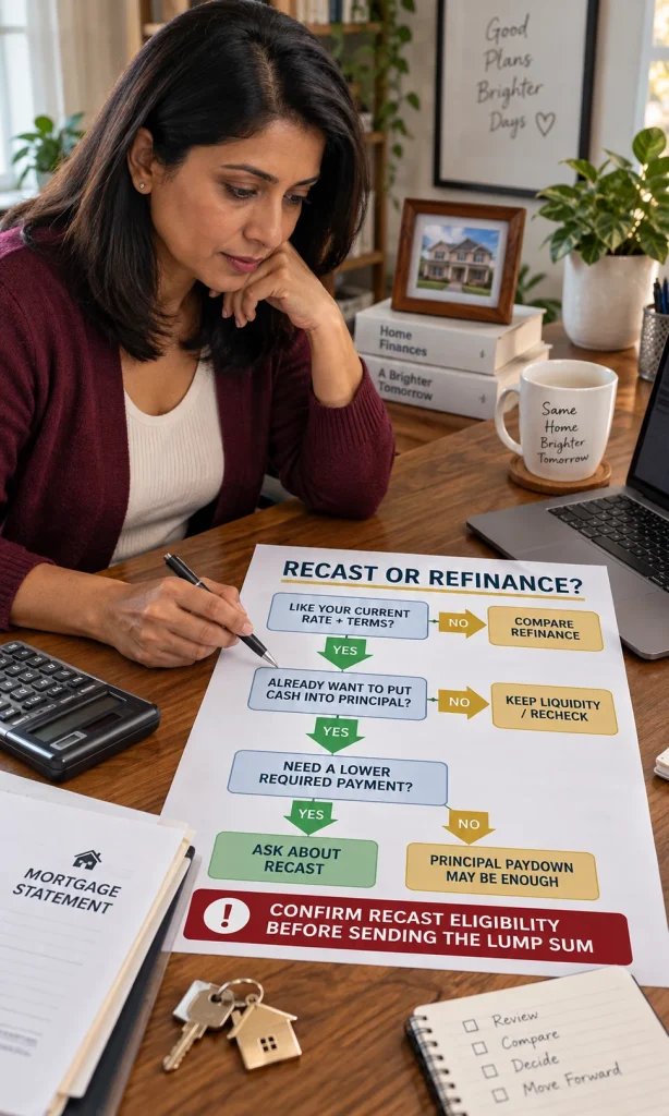 Homeowner following a decision path based on current mortgage rate, available lump-sum cash and whether the loan itself needs to change.