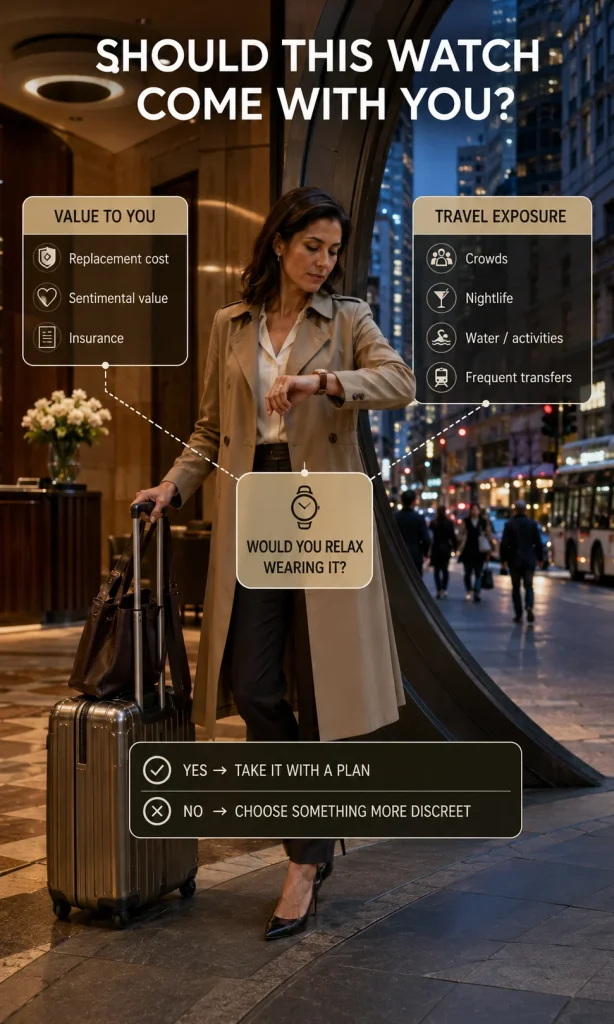 Female traveler deciding whether a valuable watch is appropriate for her itinerary based on value and travel exposure.
