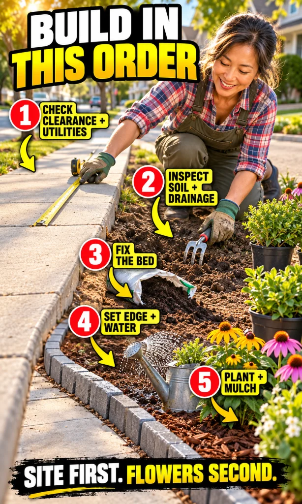Gardener building a sidewalk flower bed through five ordered checkpoints from rules and soil to planting and mulch.
