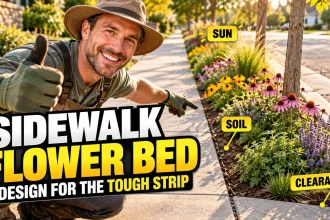 Gardener pointing to a colorful narrow sidewalk flower bed with visual callouts for sun, soil and clearance.