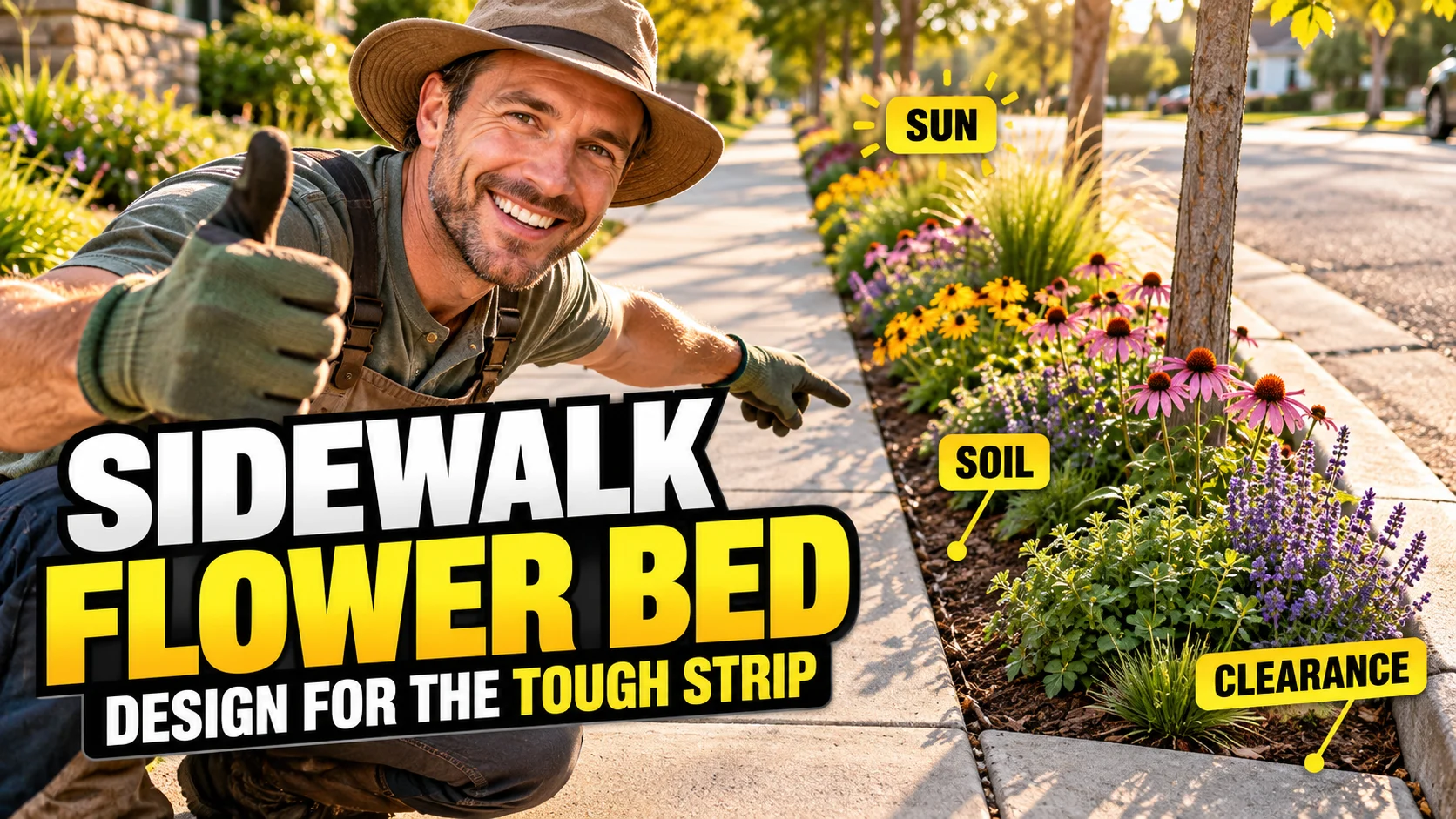 Gardener pointing to a colorful narrow sidewalk flower bed with visual callouts for sun, soil and clearance.