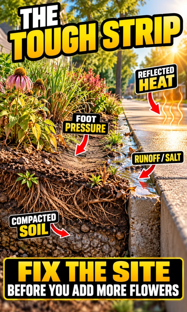 Cutaway-style sidewalk flower bed showing heat, compacted soil, foot traffic and runoff stresses.