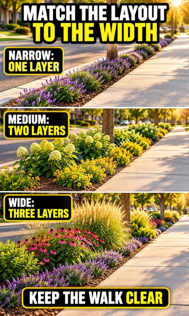 Three sidewalk flower-bed width layouts showing one-layer, two-layer and three-layer planting arrangements.