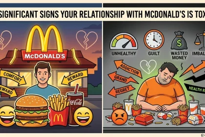A 16:9 split-screen illustration for an article. The left side shows a person at a McDonald's counter, smiling and surrounded by comforting fast-food icons (Big Mac, fries, soda), a happy emoji, and "LOVE" text with a red heart. The right side shows the same person overweight, slumped in regret amidst an overflowing messy table of wrappers, an angry emoji, a broken heart, and symbols for health risks, guilt, and wasted money. A banner at the top reads "5 SIGNIFICANT SIGNS YOUR RELATIONSHIP WITH MCDONALD'S IS TOXIC".